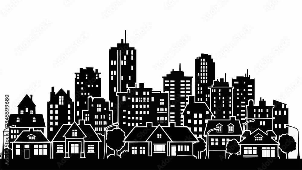 Naklejka premium Silhouette of a City Skyline with Residential Houses in Foreground.