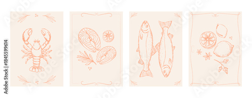Seafood cards set with hand drawn fish, lobster, salmon fillets, citrus, and herbs in vintage sketch style for restaurant menus, packaging, recipe cards, branding, and kitchen wall art. Vector