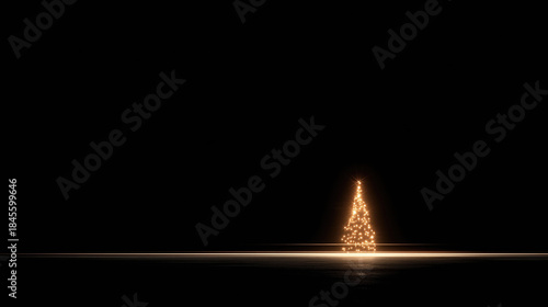 Christmas tree shaped by glowing gold lights, set against dark black background with light strip at base. Festive holiday decor suitable as wallpaper, poster for seasonal celebratory and warm themes.