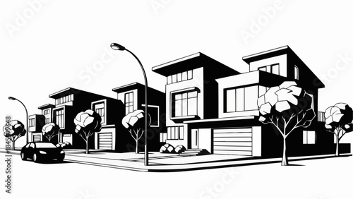 Modern Suburban Houses with a Car on the Street.