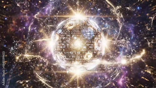 A vibrant, glowing orb with radiant beams and sparkling particles against a dark, starry background with shades of purple and blue, conveying an ai visual animation effect.