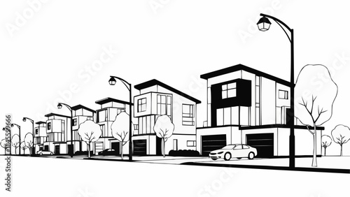 Modern Suburban Homes Architectural Sketch with Streetlights and Car.