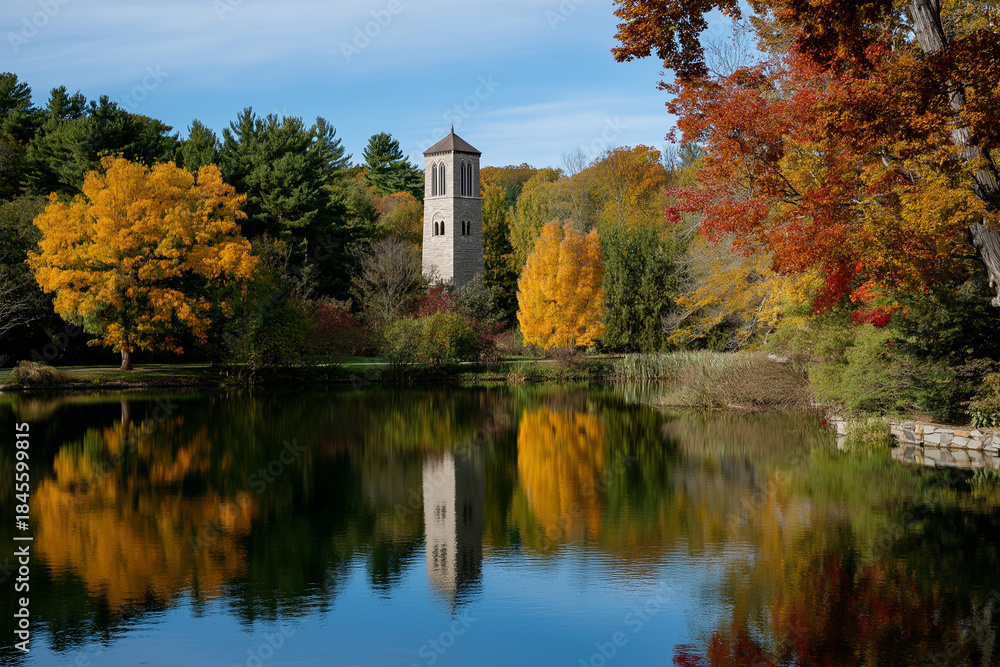 Obraz premium This stunning autumn landscape features vibrant fall foliage reflected in a serene lake, encapsulating the beauty of nature and evoking feelings of reflection and peace.