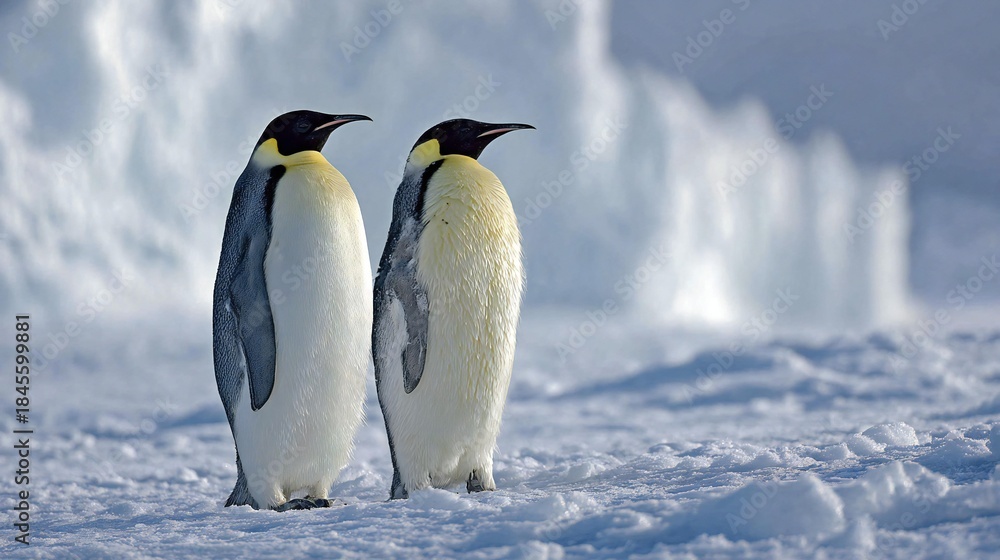Naklejka premium Antarctic Wildlife: Emperor Penguins on Snowy Ice 