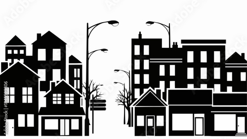 Silhouette of a City Street with Buildings and Streetlights.