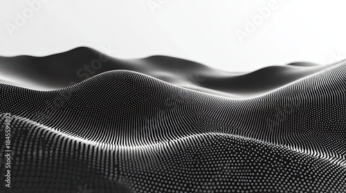 Abstract particle grid creating a dynamic undulating surface, representing data flow, digital technology, and scientific visualization with a modern aesthetic on a clean background