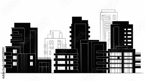 Modern Cityscape Silhouette with Diverse Architectural Styles.