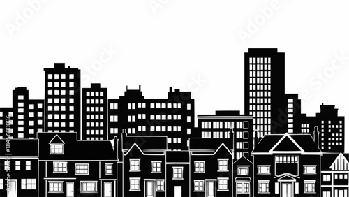 Silhouette of diverse urban cityscape with residential and commercial buildings.
