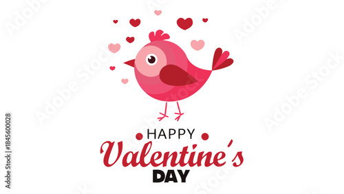 Charming red bird surrounded by tiny floating hearts on white background for valentine's day