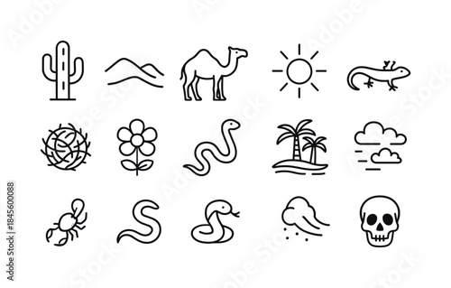Desert wildlife and nature linear icon set. featuring cactus, mountains, camel, sun, lizard, nest, flower, snake, palm, cloud, scorpion, skull