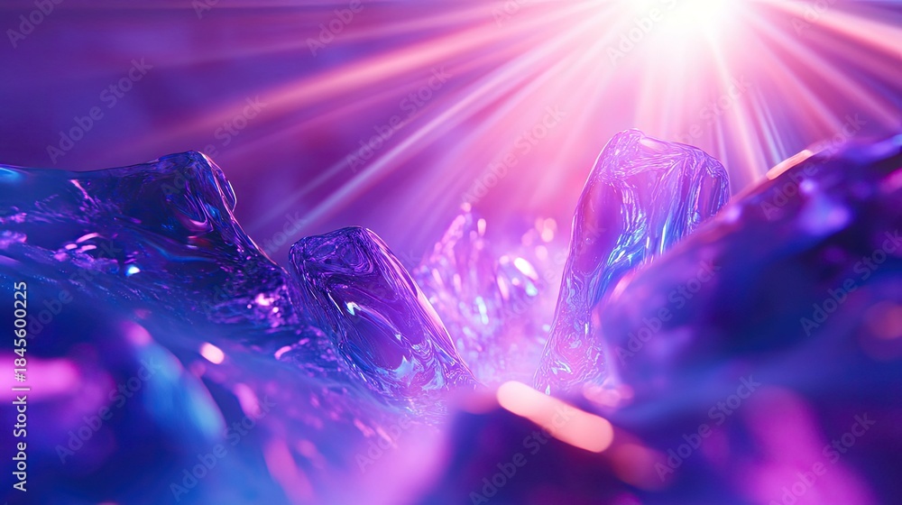 Obraz premium Abstract shiny surfaces reflect vibrant purple and blue colors, creating a surreal textured landscape illuminated by glowing light rays intersecting crystal like forms