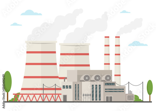 Flat style illustration of a power plant  facility with cooling towers and industrial structures. Ideal for energy themes, electricity production, environmental materials, and industrial infographics