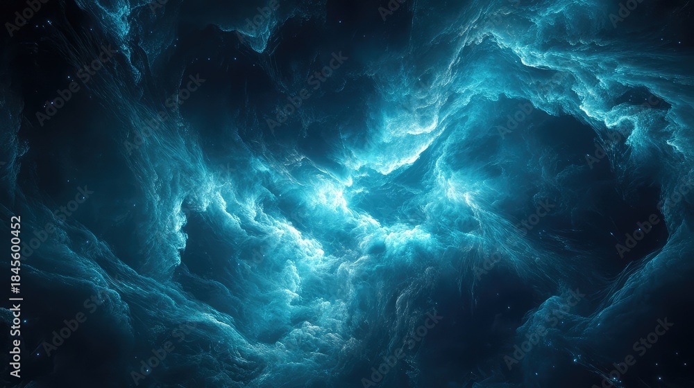 Obraz premium Abstract deep space environment showing a luminous blue nebula cloud with intricate dust and gas structures, representing themes of mystery, universe exploration, and cosmic energy
