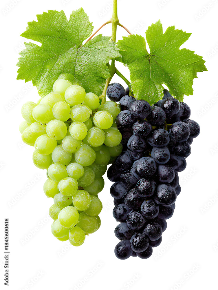 Obraz premium Green and black grape clusters with fresh leaves hanging side by side on transparent background