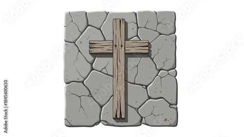 A rustic wooden Christian cross prominently displayed against a background of a textured and patterned stone wall, evoking a sense of history, spirituality, and enduring faith.