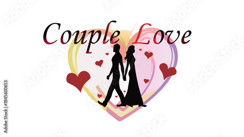 A loving couple walks hand in heart with sweethearts and love hearts around them in a romantic flat composition