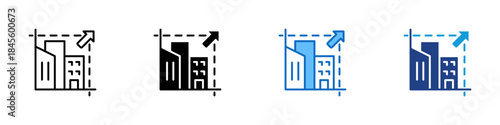 Urban Growth Multiple Style Icon Design Vector - City buildings with an upward arrow representing urban development, economic expansion, and business growth