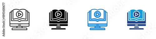 Video Lesson Multiple Style Icon Design Vector - Book with play button over monitor representing recorded lessons, tutorials, and digital learning content