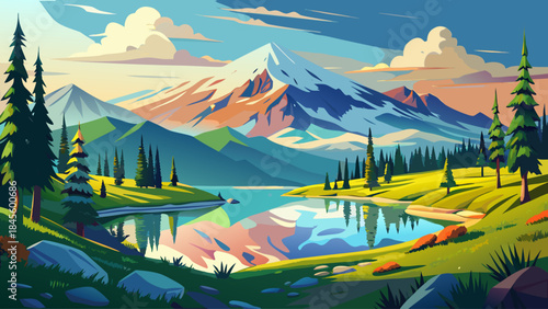 Serene landscape artwork of Tipsoo Lake featuring crystal clear water, lush alpine meadows, and distant mountain peaks under soft natural light, evoking peaceful highland scenery