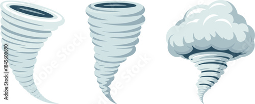 Set of tornado and funnel cloud illustrations, grey vortex wind storm, severe weather disaster graphic
