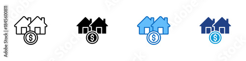 Property Value Multiple Style Icon Design Vector - Two houses with a currency symbol indicating property pricing, home valuation, or real estate investment value