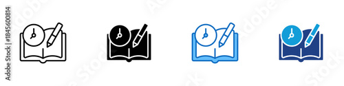 Study Schedule Multiple Style Icon Design Vector - Open book with clock and pencil representing planned learning time, study routine, and time management
