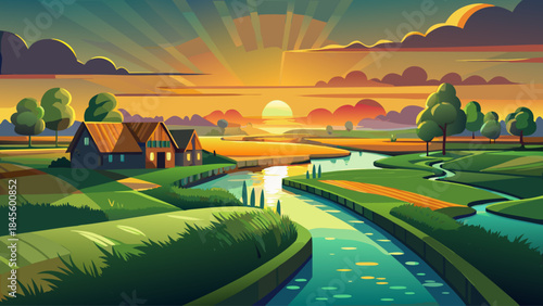 Golden sunset illuminating the Dutch polder near Gouda, featuring expansive green meadows, quiet waterways, and a tranquil rural horizon under a softly glowing evening sky