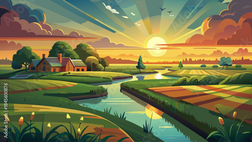 Golden sunset illuminating the Dutch polder near Gouda, featuring expansive green meadows, quiet waterways, and a tranquil rural horizon under a softly glowing evening sky