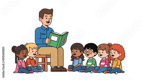 A friendly male teacher sitting on a stool and enthusiastically reading an engaging book to a diverse group of happy, attentive children sitting on the floor around him, fostering a love for learning.