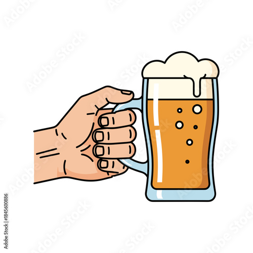 Hand holding a glass of beer with foam on top. A hand with a beer glass that has a nice layer of foam on top.