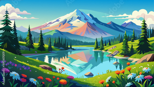 Serene landscape artwork of Tipsoo Lake featuring crystal clear water, lush alpine meadows, and distant mountain peaks under soft natural light, evoking peaceful highland scenery
