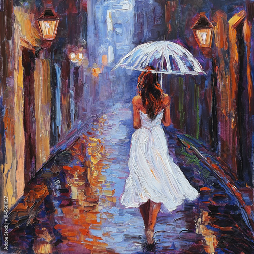 A painterly city street scene under rain with glowing lights and reflections, evoking romance and nostalgia. Rainy City Street Painting, Romantic Umbrella Scene Impressionist Art Print