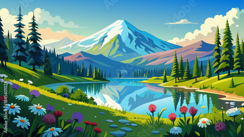 Panoramic illustration of Tipsoo Lake surrounded by wildflowers and evergreen forests, with Mount Rainier reflecting in calm alpine waters beneath a clear blue summer sky