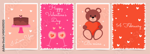 A set of Valentine's Day cards. Modern posters with a teddy bear, cake, glasses, and hearts. Vector templates for the holiday.