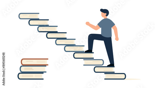 Man climbing stairs made of books representing educational growth  