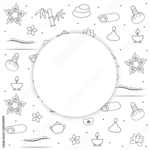 Spa and wellness concept in gray. Pattern with Spa and wellness icons design. Text space. Chinese massage, Thai massage. Wellness massage. Relaxation. Vector for your design. EPS10.