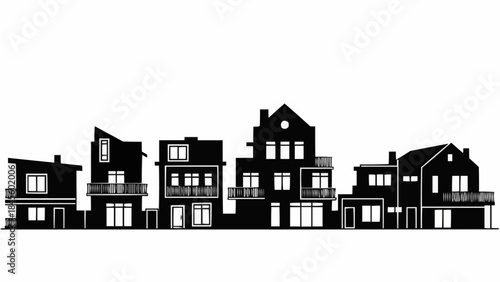 Silhouette of Diverse Modern Houses Lined Up Against White Background.