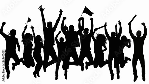 Silhouette of a cheering crowd jumping with joy and excitement.