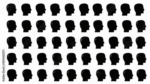 Silhouettes of human heads in profile view arranged in rows.