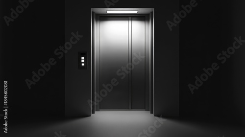Empty elevator doors closing in a dimly lit, minimalist building corridor, representing concepts of transition, future, arrival, departure, and the unknown journey ahead
