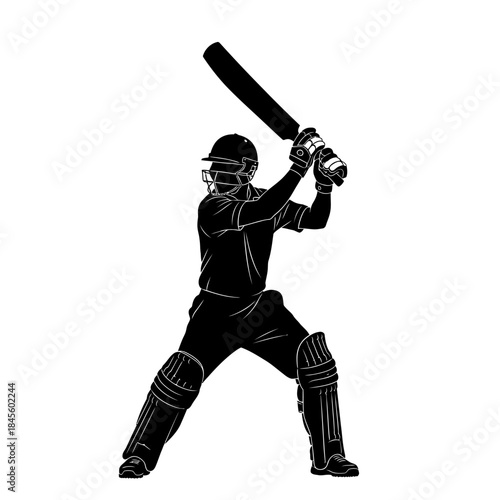 Dynamic silhouette of a cricket batsman ready to strike the ball in a powerful stance, perfect for sports branding, advertisements, and athletic promotions