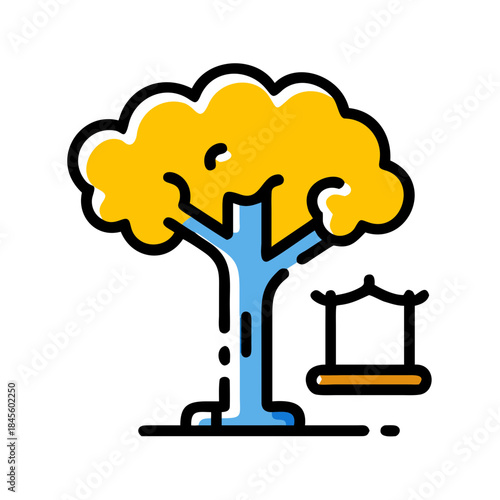 A vibrant cartoon tree with a golden canopy and blue trunk stands next to a hanging bird feeder icon