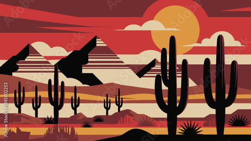 Desert landscape art background, stylized vector illustration of texas western mountains and cactuses, wild west desert scene, ideal for banners, flyers, cards, and sign templates.