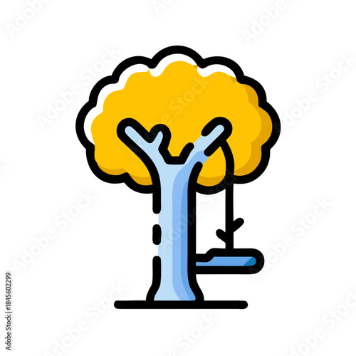 A vibrant cartoon illustration depicting a cheerful tree with a classic blue swing hanging from its branch