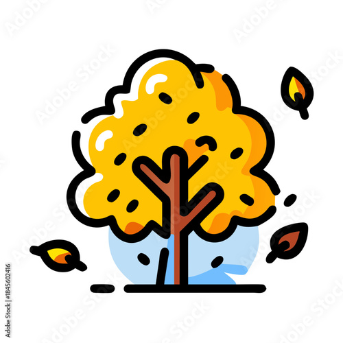 A charming autumnal tree icon with vibrant yellow leaves and fallen foliage depicting the beauty of fall season