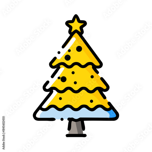 Festive yellow christmas tree icon with a shining star and snow detail for winter holidays