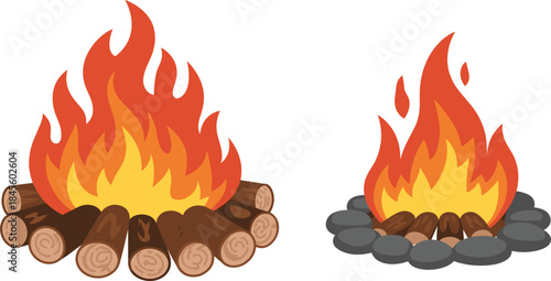 Cartoon campfire set, burning logs, bright orange flames, wood fire, camping, outdoor heat, survival icon