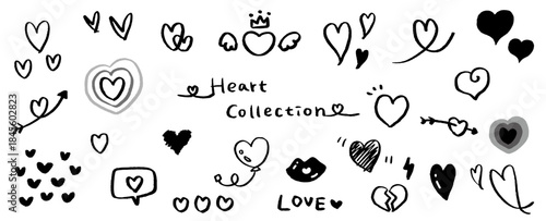 ハートの素材コレクション。かわいい手書きのハートマーク。ベクターアイコン。