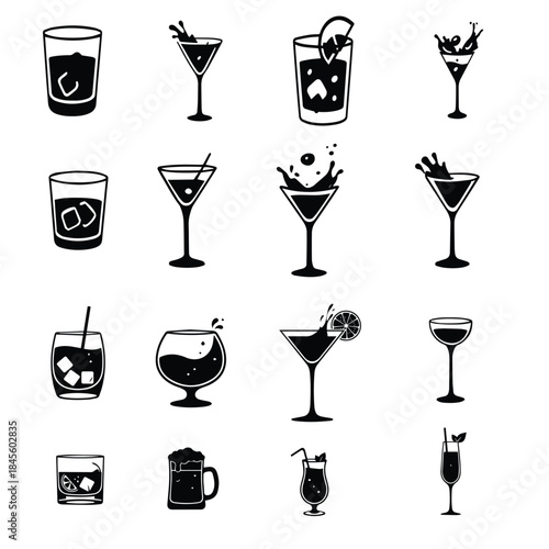Set of different cocktail and drink glass icons for bar and party use