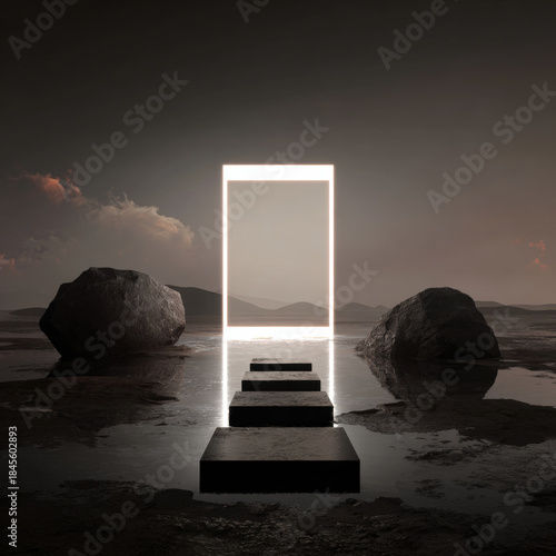 Glowing doorway stepping stone rock reflective water minimalist landscape moody sky surreal light